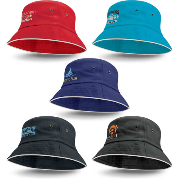 A collection of five bucket hats in red, blue, navy, black, and dark green, featuring different logos.