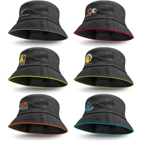 A collection of six black bucket hats featuring coloured sandwich trims and various logos.