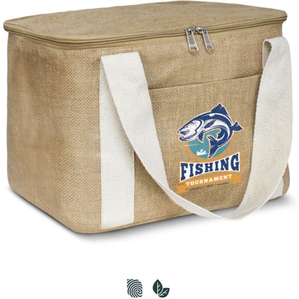 A beige cooler bag with a zip closure and white handles, featuring a fishing-themed logo on the front.