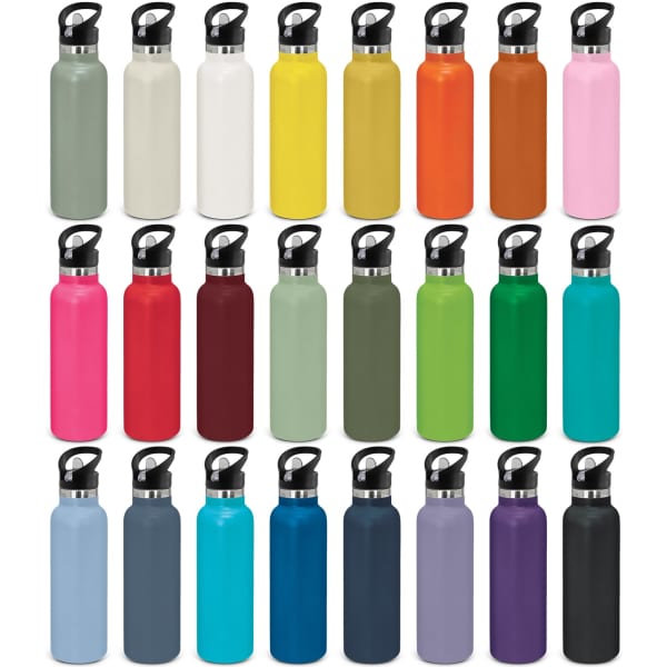 A drink bottle collection featuring various colours, including yellow, pink, orange, green, and blue, with a black lid and logo.