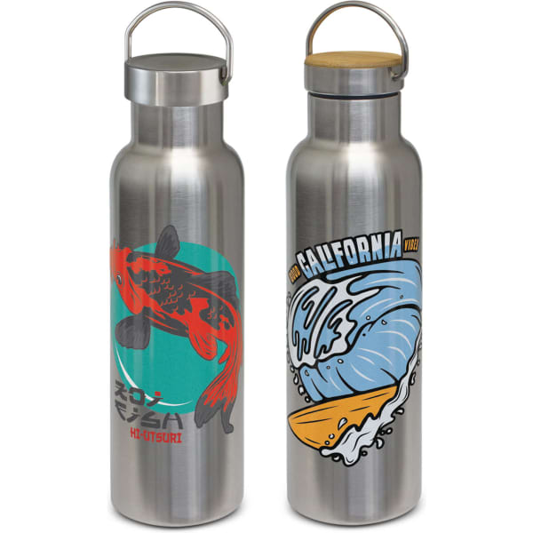 A drink bottle featuring a stainless steel finish, with designs of a koi fish and a wave, and a wooden lid.