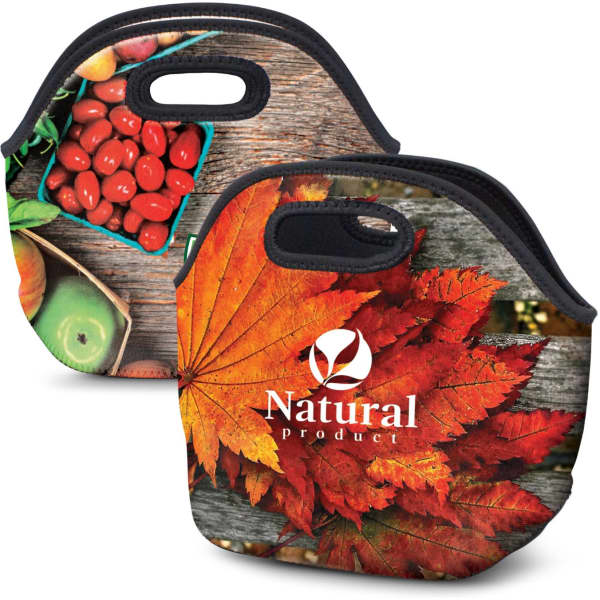 A colourful Albany Lunch Bag featuring vibrant autumn leaves and fresh vegetables, with a logo on the side.