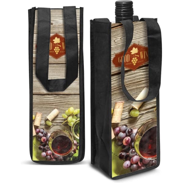 A drink bottle tote bag in black featuring a wine-themed design with handles. It has branding displayed on the front.