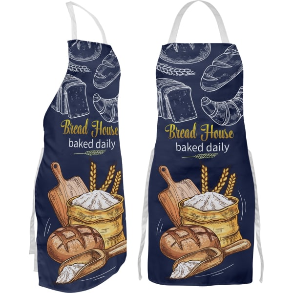 A navy blue bib apron featuring baked goods illustrations and a logo. It has white straps and side panels.