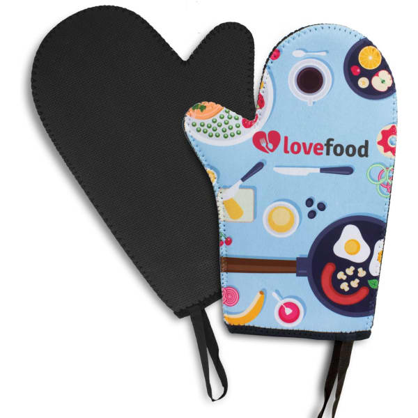 A neoprene oven mitt in light blue with a colourful food-themed print and a black interior. It features a logo.