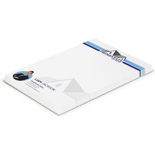 A7 note pad featuring 50 white leaves with a blue and white design and a logo at the top.