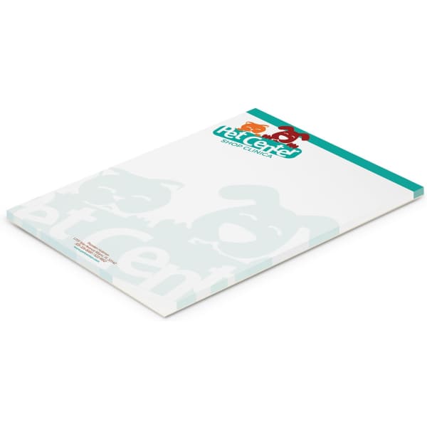 A5 note pad with a white cover and a teal section at the top, featuring a logo. It contains 50 leaves.