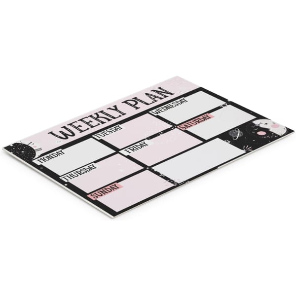 A weekly planner with a pink and black design, featuring spaces for each day of the week. It includes a branding logo.