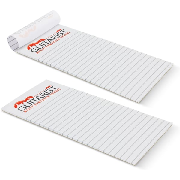 A vertical notepad featuring lined pages with a white background and a logo at the top.