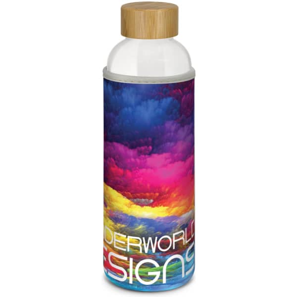 A drink bottle with a vibrant, full-colour design featuring pink, purple, and blue hues, topped with a bamboo lid.