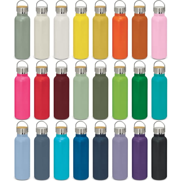 A drink bottle collection featuring various powder-coated colours like grey, yellow, orange, pink, green, and purple. Each has a metal lid and logo.