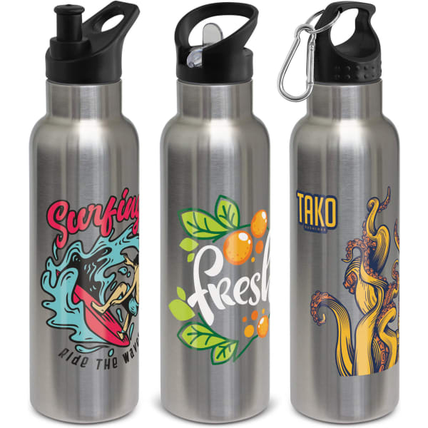 A drink bottle with a stainless steel finish, featuring three designs and black lids, one with a carabiner.
