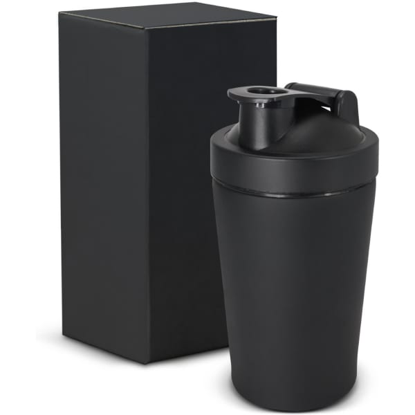 A drink bottle in matte black with a secure lid, packaged in a matching black box. Features a logo.