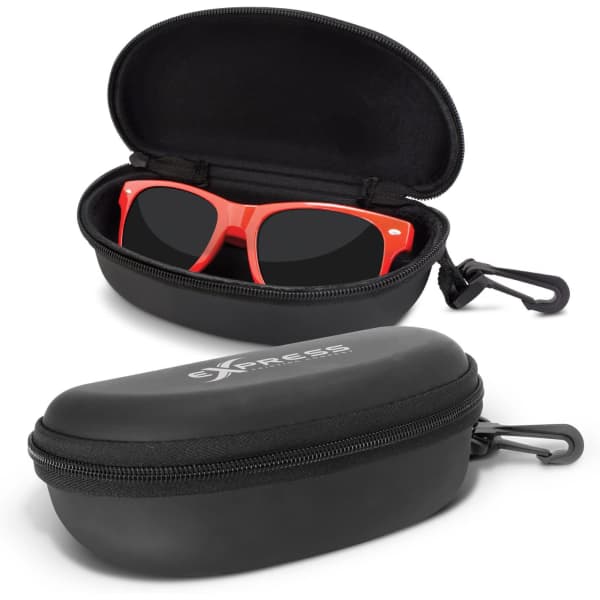 A black zippered sunglass case with a bright red pair of sunglasses inside. The case features a logo.