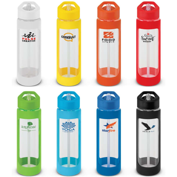 A drink bottle in various colours including white, yellow, orange, red, blue, and black, featuring multiple logos.