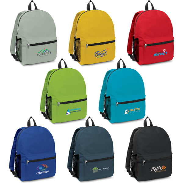 A variety of backpacks in yellow, red, green, blue, and navy, each featuring different logos.