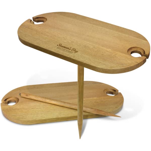 A wooden picnic serving board with a two-tier design and a central support stick, featuring cut-outs on the edges.
