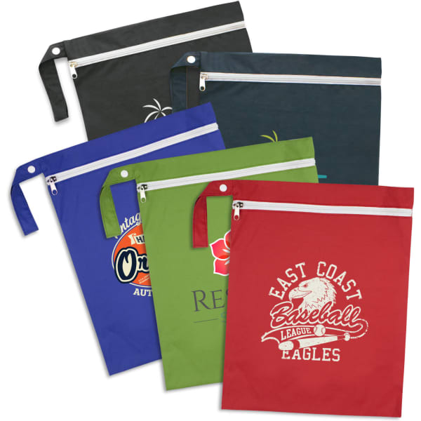 Five brightly coloured wet bags in red, green, blue, navy, and black, featuring various designs and a logo.