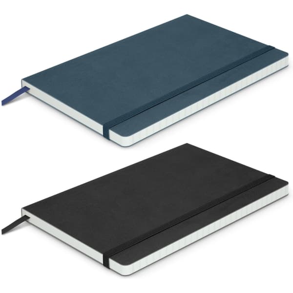 A Hudson Notebook featuring a dark blue and black cover, with a bookmark and elastic closure. Includes branding.