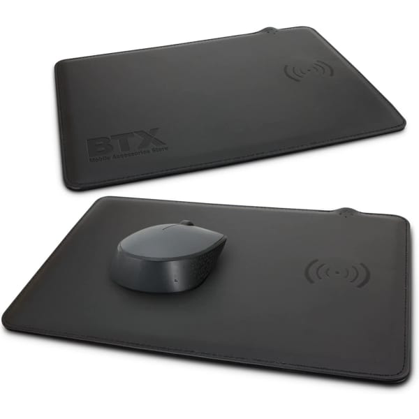 A black wireless charging mouse mat with a smooth surface and a logo, featuring a mouse on top.