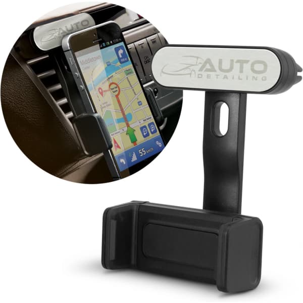 A car phone holder in black, designed to securely hold a smartphone while driving. It features a clip for air vents and a branding logo.