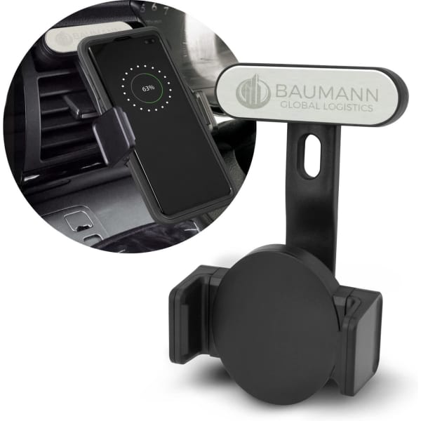 A black wireless charging phone holder designed for cars, featuring a clip attachment and a branded logo.
