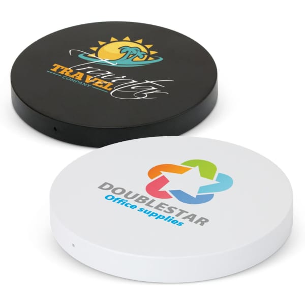 A round wireless charger in black and white, featuring branding on each side.