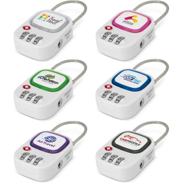 A set of six TSA locks in various colours, each featuring different logos on the front.