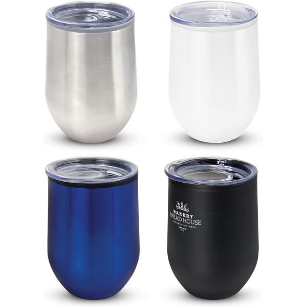 A collection of four Cordia Cups in stainless steel, white, blue, and black, each with a clear lid and branding.