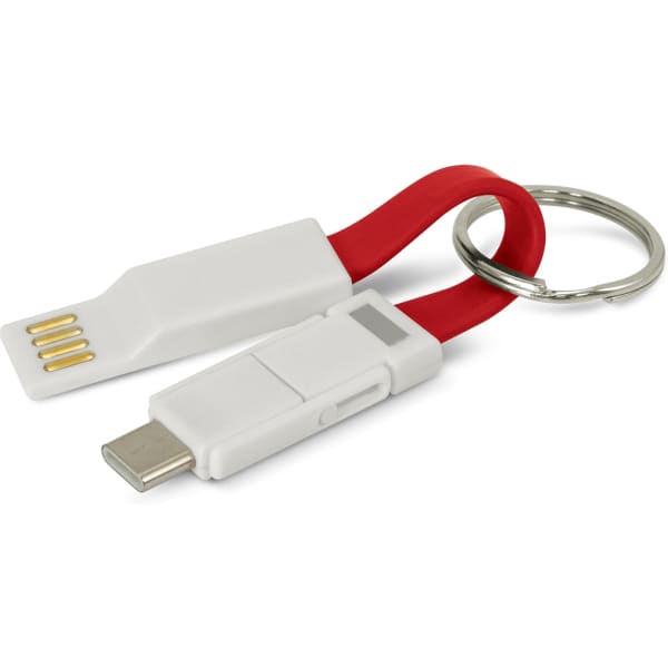 A 3-in-1 charging cable featuring a red flexible cord, white connectors, and a keyring attachment for portability.