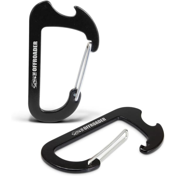 A drink bottle opener in black with a carabiner design, featuring a logo. Two are presented at different angles.