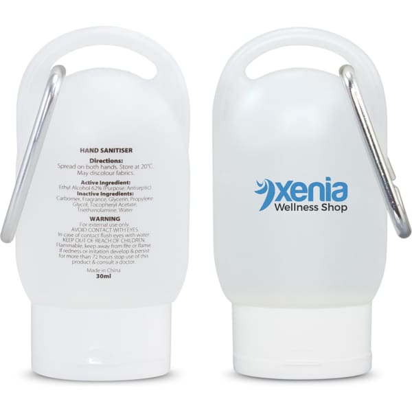 A clear 30ml gel hand sanitiser with a carabiner, featuring a logo and instructions on the back.