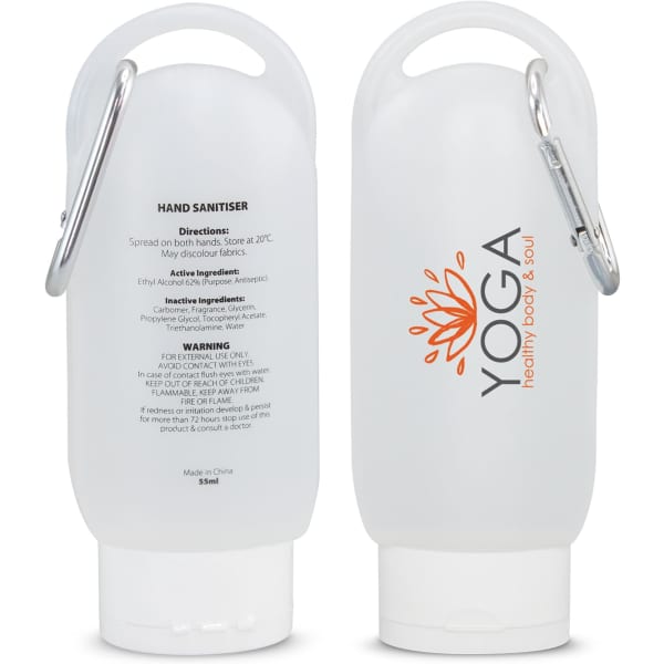 A frosted white gel hand sanitiser bottle, 55ml, featuring a silver carabiner and a logo. 