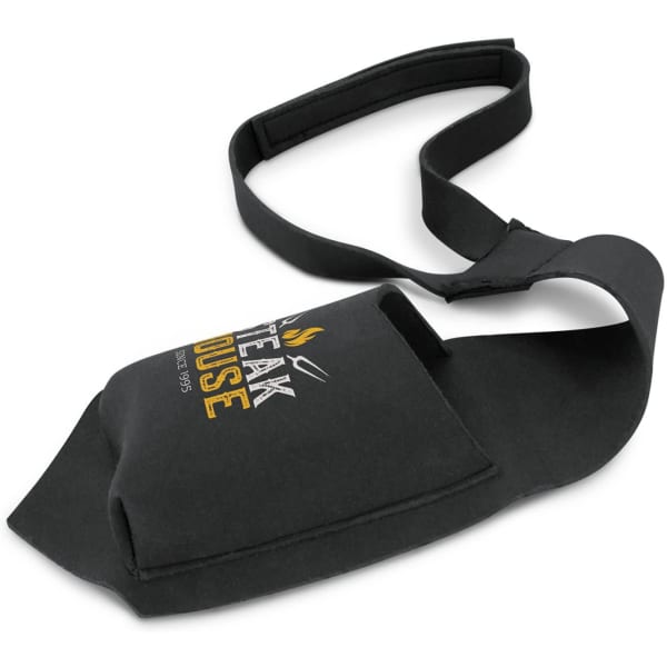 A drink bottle holder in black with a logo, featuring a strap for easy carrying. Ideal for keeping beverages cold.