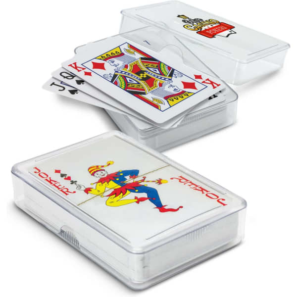 A deck of Saloon Playing Cards in a clear case, featuring colourful illustrations and a joker card.