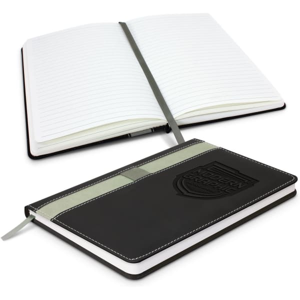 A black notebook with a textured cover, featuring lined pages and a ribbon bookmark. It has a logo on the front.