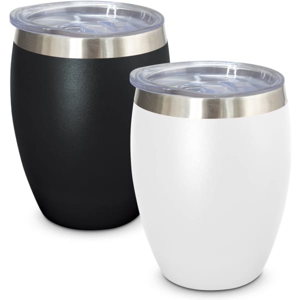 A drink bottle set featuring one black and one white vacuum cup with stainless steel rims and clear lids.
