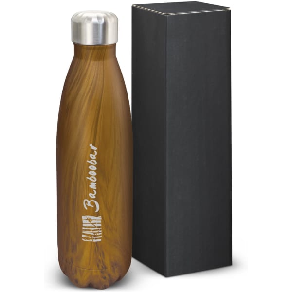 A drink bottle in a bamboo design, featuring a silver lid, displayed beside a black box. It has a logo on it.