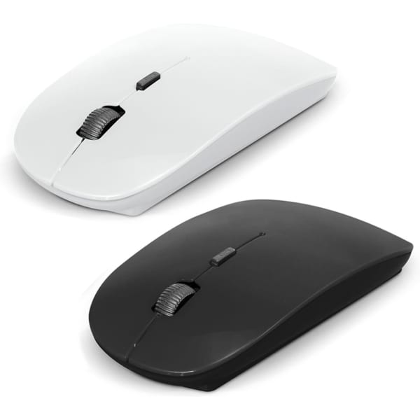 A pair of wireless mice, one white and one black, featuring a scrolling wheel, set against a white background.