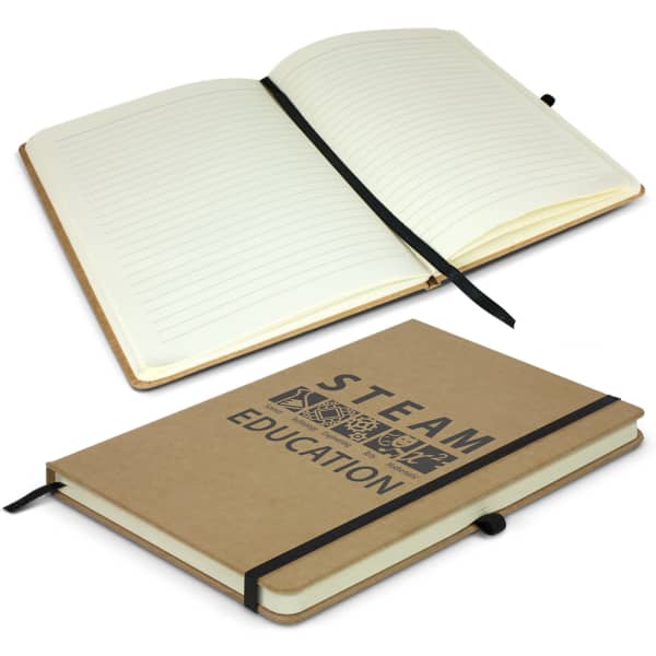 A Sienna Notebook featuring a brown cover, elastic closure, and lined pages inside. It includes a logo on the front.