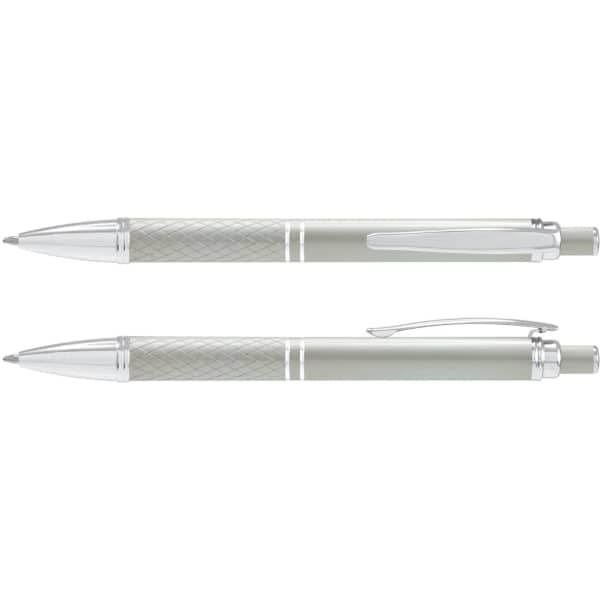 A metal pen in silver with a textured grip and a chrome clip, featuring a sleek design and branding.