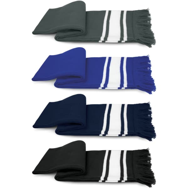 A collection of scarves in dark green, blue, navy, and black, featuring striped patterns and fringed edges.
