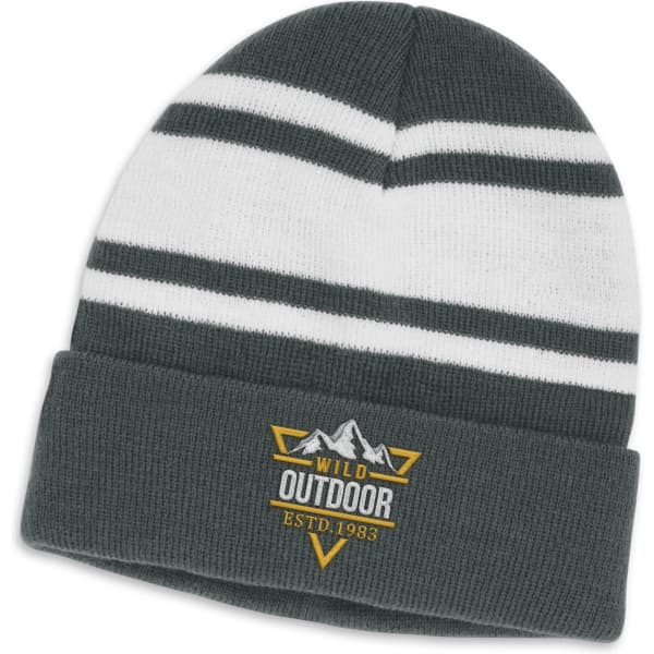 A striped beanie in dark grey and white, featuring a logo on the front.