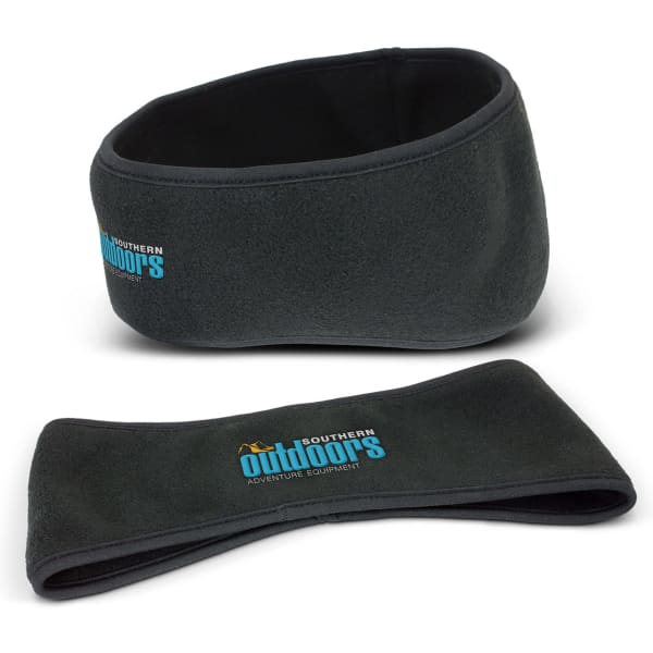 A dark grey fleece ear warmer, featuring a logo, with a snug design and soft texture.