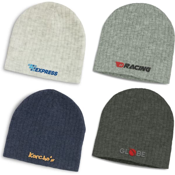 A selection of four beanies featuring different colours: cream, grey, navy, and dark green, each with a logo.