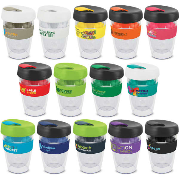 A range of clear drink bottles in various colours, featuring different bands and lids. Each bottle has a logo.