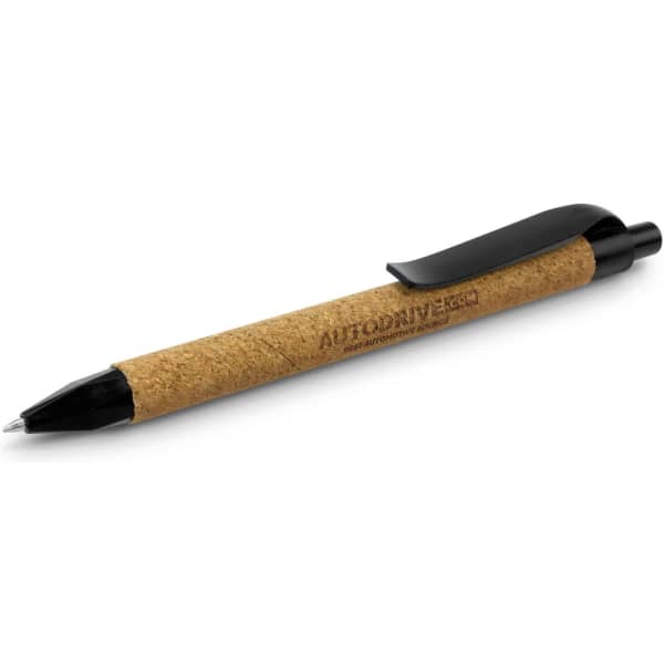 A plastic pen with a cork-like body and black accents, featuring a clip and branding.