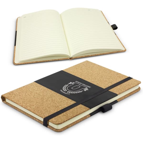 A cork-covered notebook with an elastic band, featuring lined pages and a logo on the front.