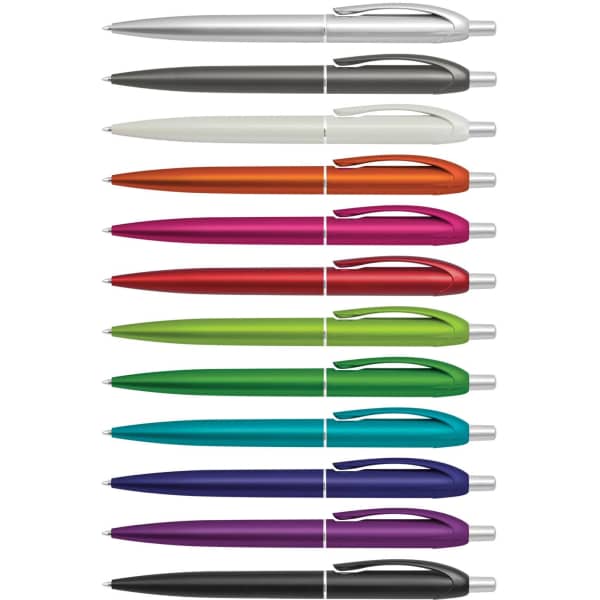 A collection of plastic pens in various colours, including silver, white, grey, orange, purple, green, and black. Each pen has a logo.