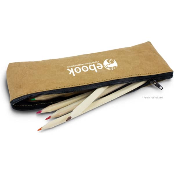 A tan pencil case with a zip closure, partially open and containing several wooden pencils. The case features a logo.